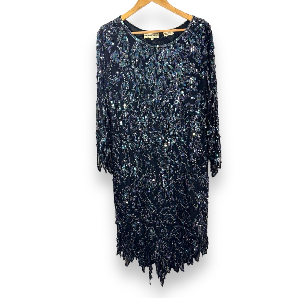 Vintage Saint Honore Black Iridescent Sequin Beaded Flapper Great Gatsby Dress